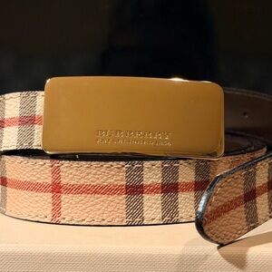 Burberry Beige Plaid Belt with Shiny Gold Buckle
